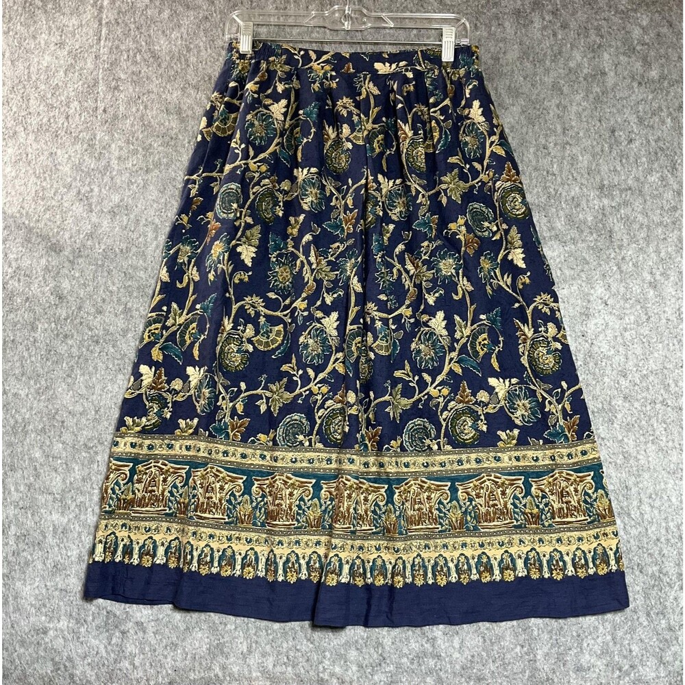 Vintage Jantzen Classics Skirt Womens Medium Blue Floral Midi Pockets Pull On *